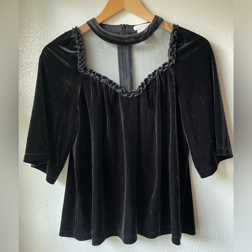 Anthropologie foxiedox velvet and sheet black blouse size S GUC